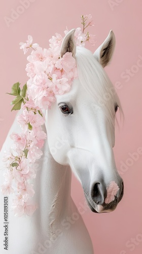 A stunning white horse adorned with delicate pastel pink floral designs against a soft pink background, creating a serene and minimalistic aesthetic photo