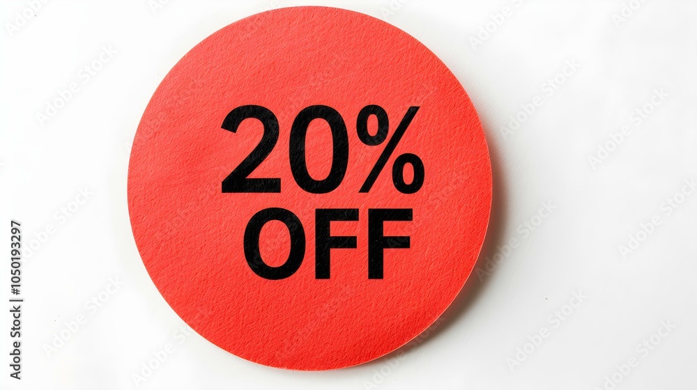 Black '20% OFF' Text on a Red Round Paper Note. White Background with Copy Space Black '20% OFF' Text on a Red Round Paper Note. White Background with Copy Space