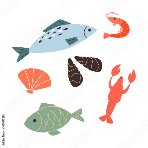 Seafood menu vector illustration set. Cartoon raw marine sea or ocean food collection with tuna trout salmon flounder