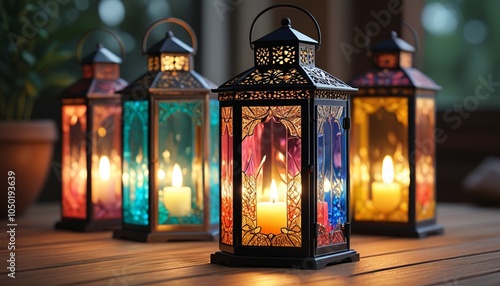 A stunning crystal candle lantern with colorful glass panels, creating a warm ambiance and enhancing outdoor or indoor settings, Generative AI photo