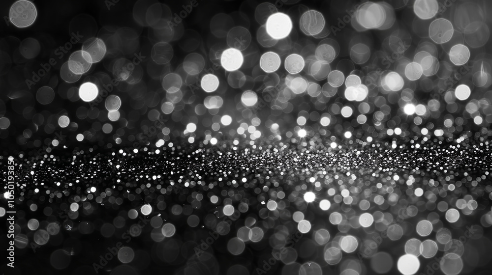 Fototapeta premium Silver glitter shimmering on a black background creates a beautiful bokeh effect, perfect for festive designs