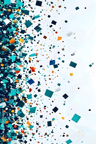 abstract New Year’s Eve confetti explosion, with minimalist colored squares and circles falling through an empty white background