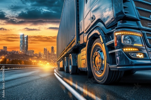 A close-up of a cargo lorry's wheels spinning rapidly as it races along a busy urban road, with city lights and buildings in the background creating a dynamic atmosphere photo