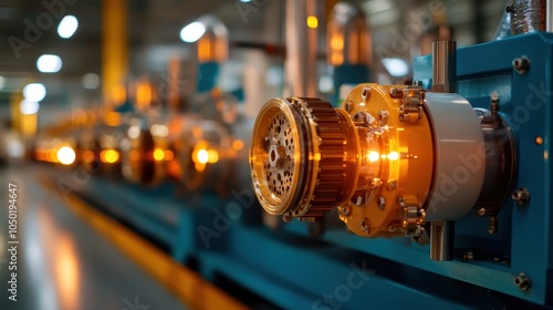 A detailed view of industrial machinery exhibiting a golden and blue lighting scheme, symbolizing innovation, technology, and industrial progress. photo