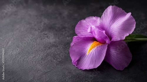 A single, vibrant iris displays its rich purple petals and orange center, strikingly captured against a dark background, emphasizing its vivid colors and form. photo