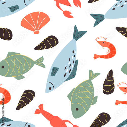 Vector seamless pattern banner background with sea food hand draw. Different fishes and seafood. Bream, salmon, sturgeon