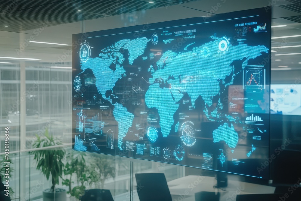 A dynamic business infographic presenting global market trends with a world map, line charts, and icons, set in a high-tech office environment with large digital screens A dynamic business infographic presenting global market trends with a world map, line charts, and icons, set in a high-tech office environment with large digital screens