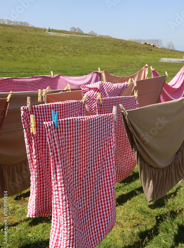 Many sheets and tablecloths are air drying outdoors at the high mountain lodge photo