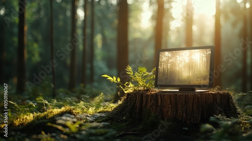 A computer monitor resting on a tree stump amidst the lush green forest, highlighting the blend of technology and nature in a thought-provoking modern setting. photo