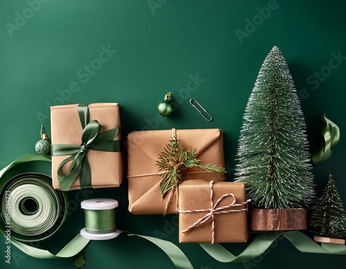 christmas wrapping table with gift boxes ribbons paper rolls on dark green background