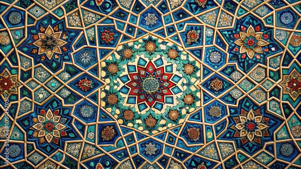 A symmetrical pattern of blue, green, and gold tiles, with intricate floral motifs, creates a mesmerizing visual feast. A symmetrical pattern of blue, green, and gold tiles, with intricate floral motifs, creates a mesmerizing visual feast.
