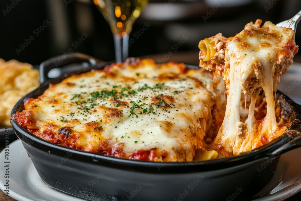 Delicious cheesy lasagna with bubbling mozzarella, served in a black dish with a golden drink in the background. Delicious cheesy lasagna with bubbling mozzarella, served in a black dish with a golden drink in the background.