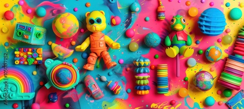 Retro 90s Toy Store Banner with Vibrant Neon Action Figures and Plushies on Abstract Background photo