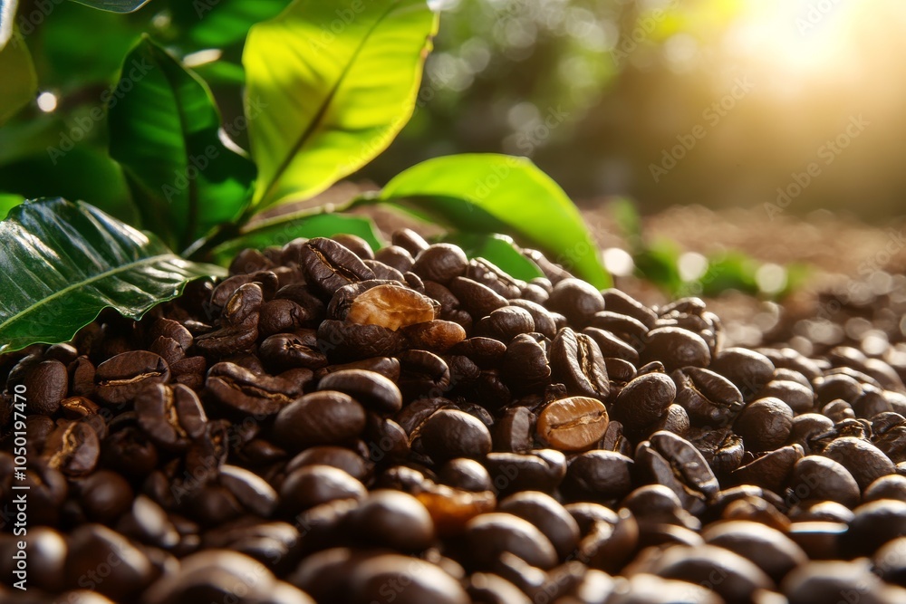 Obraz premium Close-up of fresh roasted coffee beans on the ground with vibrant green leaves, capturing a warm sunlight glow.