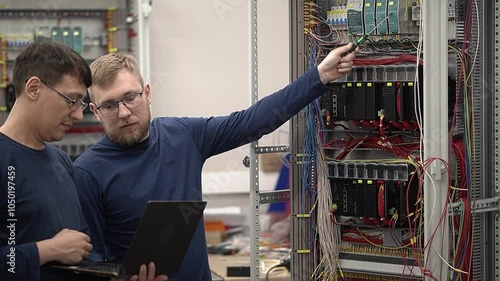 Electrical equipment cabinet.engineers in the factory.Slow motion.High quality 4K footage photo