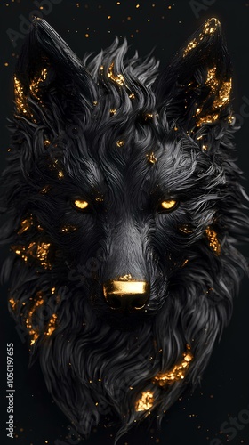 Golden Accents on Black Wolf Head in Dark Fantasy Art