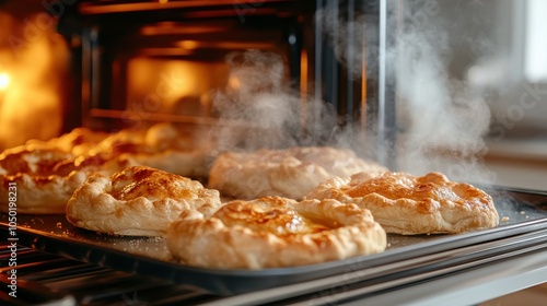 A view of steam gently rising from a hot batch of pies on a tray in an oven, capturing the essence of fresh, homebaked goodness and culinary passion. photo