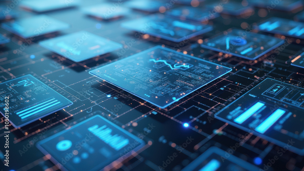 Blue-lit electronic circuitry with glowing icons and symbols. Blue-lit electronic circuitry with glowing icons and symbols.