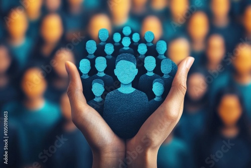Protecting Your Valuable Team: Hands gently cradling a cluster of teal human icons, symbolizing the importance of employee care and retention within a larger organization.  