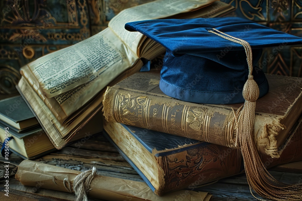 Blue graduation cap with gold tassel resting on a stack of antique ...