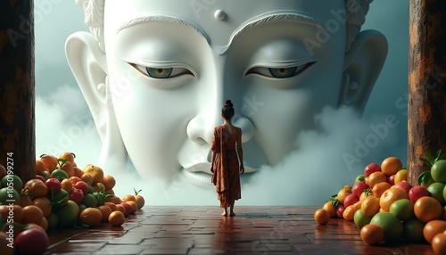 Woman Gazing at Giant Buddha Statue with Oranges