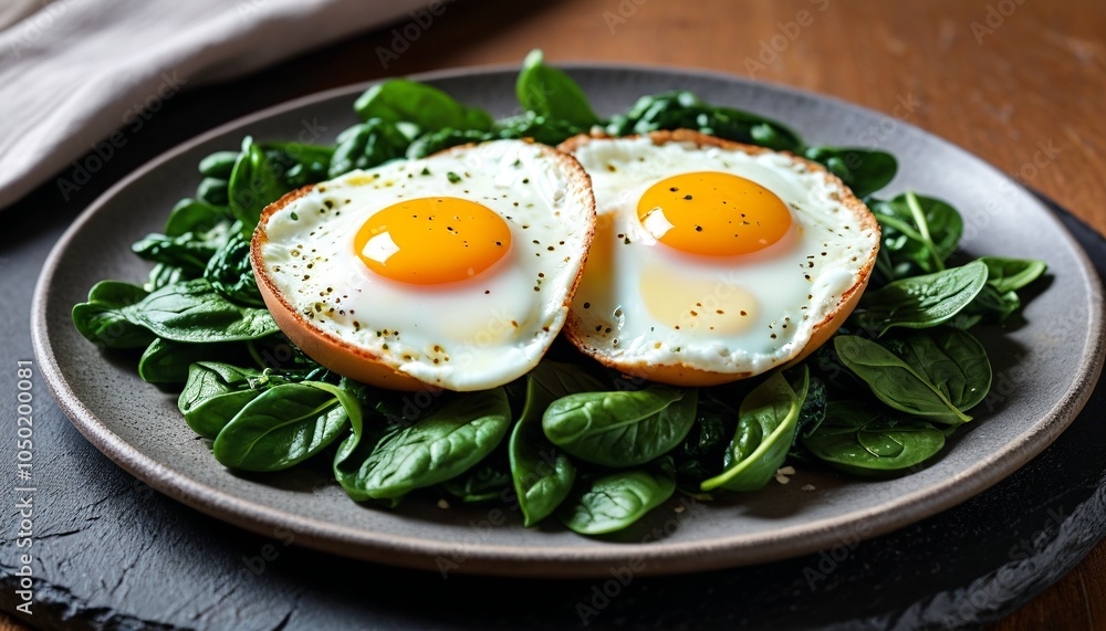 A scrumptious sunny-side-up egg with a perfectly cooked white and a crispy edge, presented on a slate platter with a side of saut�ed spinach, Generative AI A scrumptious sunny-side-up egg with a perfectly cooked white and a crispy edge, presented on a slate platter with a side of saut�ed spinach, Generative AI