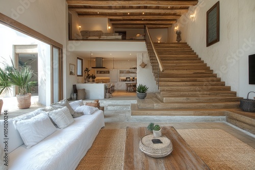 Modern open plan living room with wooden staircase leading to mezzanine