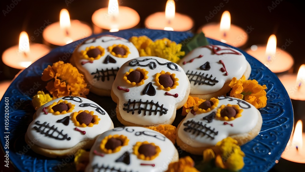 Day of the Dead Celebration with Sugar Cookies shaped in the form of Skulls and Marigolds in Candlelight Day of the Dead Celebration with Sugar Cookies shaped in the form of Skulls and Marigolds in Candlelight