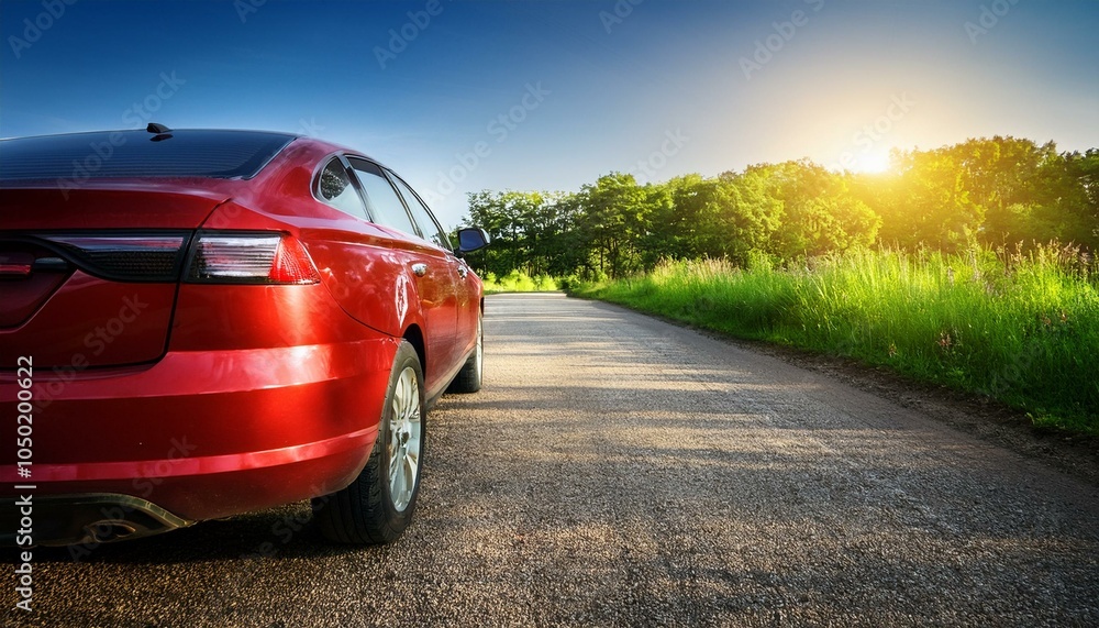 Fototapeta premium red car on the road in the natural park