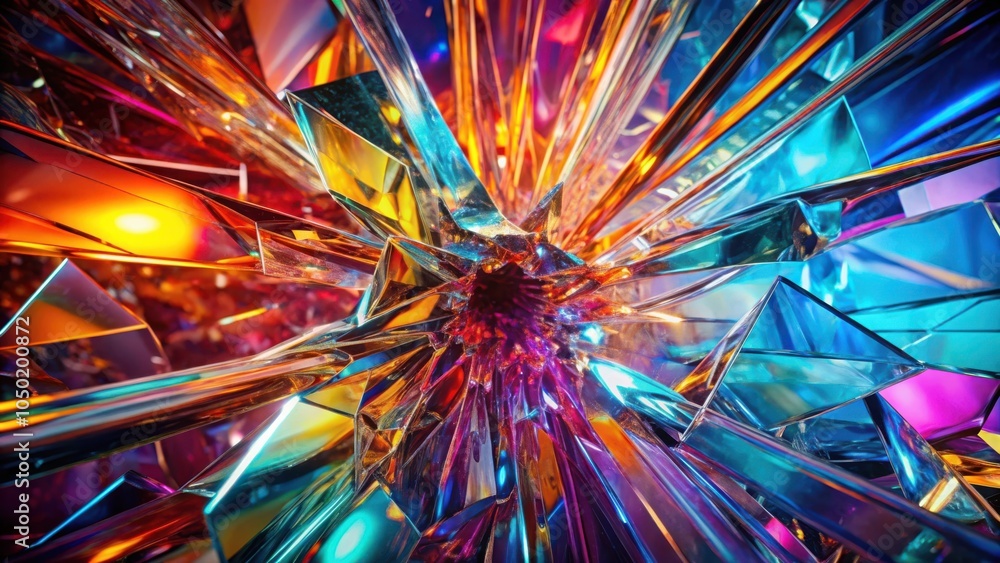 Fototapeta premium A kaleidoscope of iridescent shards, each reflecting vibrant hues of crimson, sapphire, and amber, converge in a dazzling display of geometric symmetry.