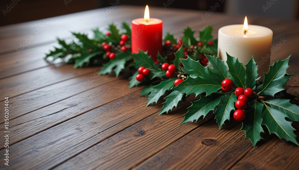 An empty wooden table ready for a Christmas feast, decorated with holly leaves and a flickering candle, inviting a sense of celebration, Generative AI An empty wooden table ready for a Christmas feast, decorated with holly leaves and a flickering candle, inviting a sense of celebration, Generative AI