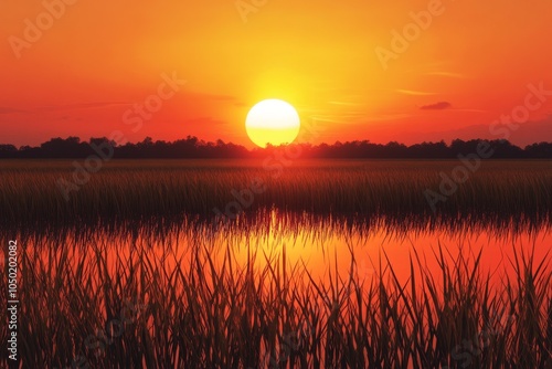 Sunset Over a Marsh With Reflections photo