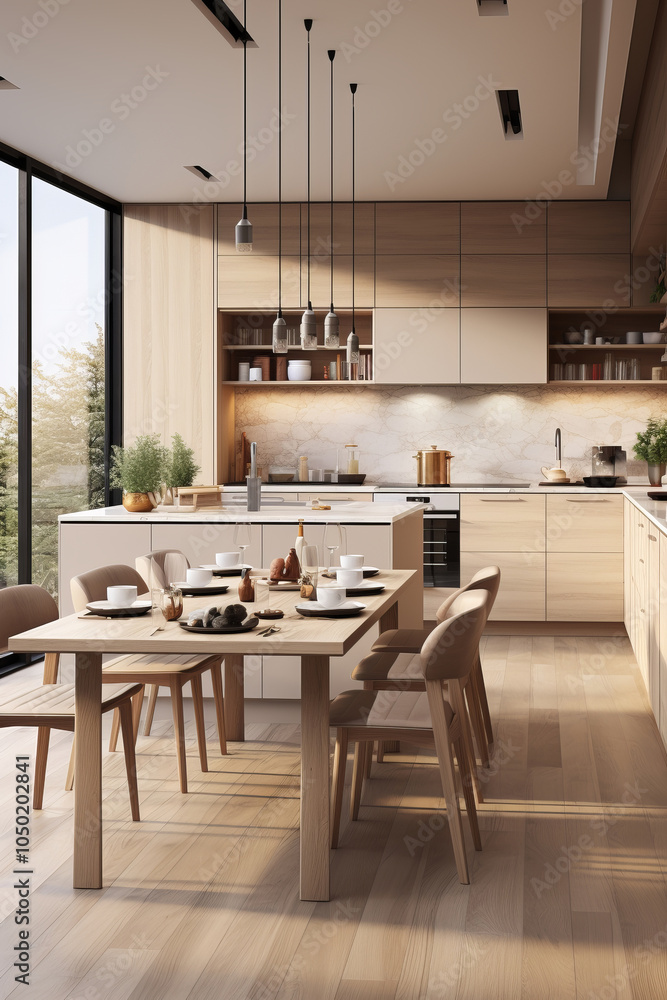 Modern kitchen with beige cabinetry, marble backsplash, hanging pendant lights, and a natural wood dining area illuminated by soft daylight. Modern kitchen with beige cabinetry, marble backsplash, hanging pendant lights, and a natural wood dining area illuminated by soft daylight.