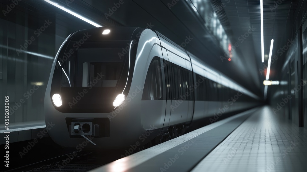 Sleek train on a station platform, representing the convenience of urban commuting, perfect for transportation branding Sleek train on a station platform, representing the convenience of urban commuting, perfect for transportation branding