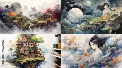 A set of four paintings of different landscapes and a woman. The paintings and The Four Elements