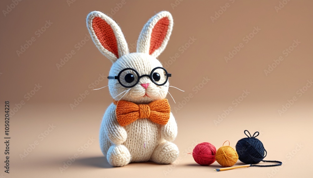 Fototapeta premium A mini yarn bunny with tiny spectacles and a hand-stitched bow tie, adding character and charm, Generative AI