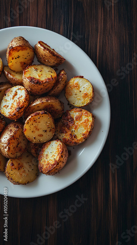 Crispy roasted potatoes seasoned with herbs presented on a dark wooden table