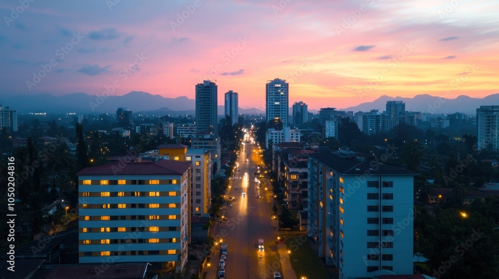 Obraz premium Aerial View of Bustling Commercial District and a Picturesque Skyline at Dusk
