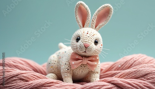 A cozy yarn rabbit with a button nose, wearing a cute polka-dot bow, crafted from soft pastel colors, Generative AI photo