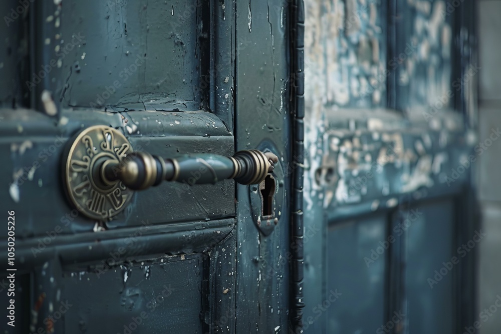 Closeup of an old wooden door with metal handle is being unlocked with a key Closeup of an old wooden door with metal handle is being unlocked with a key