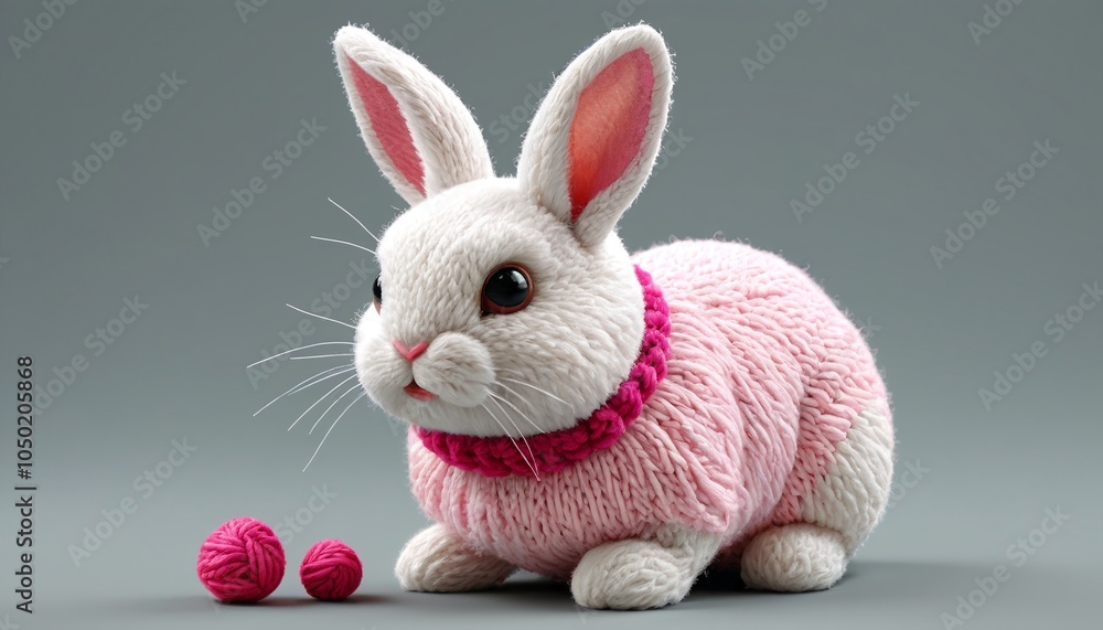 Fototapeta premium A small, chunky yarn rabbit with pink-tipped ears and a sweet little pom-pom tail, Generative AI
