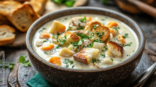 Vegetables cream with fried bread pieces on plate.