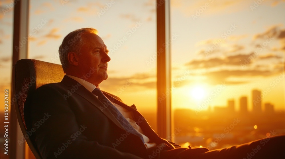Fototapeta premium Confident CEO Sitting and Overlooking City at Sunset