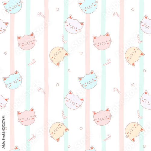 Cat face pastel cartoon so cute.on heart candy cane background.pattern seamless vector and illustration.