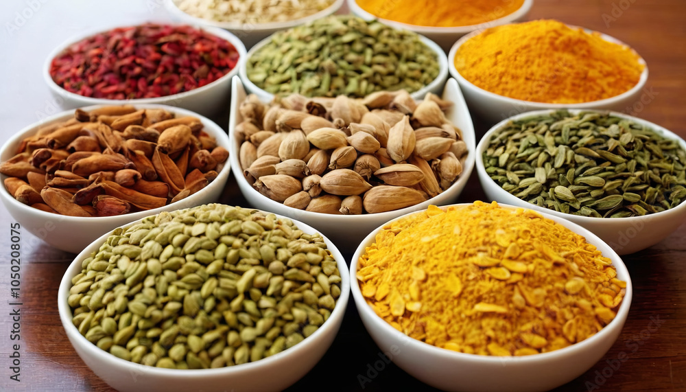 An assortment of spices fills small white bowls, each offering a unique color and texture. The setup highlights the rich diversity and beauty of culinary ingredients in a warm kitchen setting An assortment of spices fills small white bowls, each offering a unique color and texture. The setup highlights the rich diversity and beauty of culinary ingredients in a warm kitchen setting