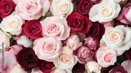 A vibrant display of delicate roses in shades of soft pink to deep red, showcasing love and beauty in exquisite detail