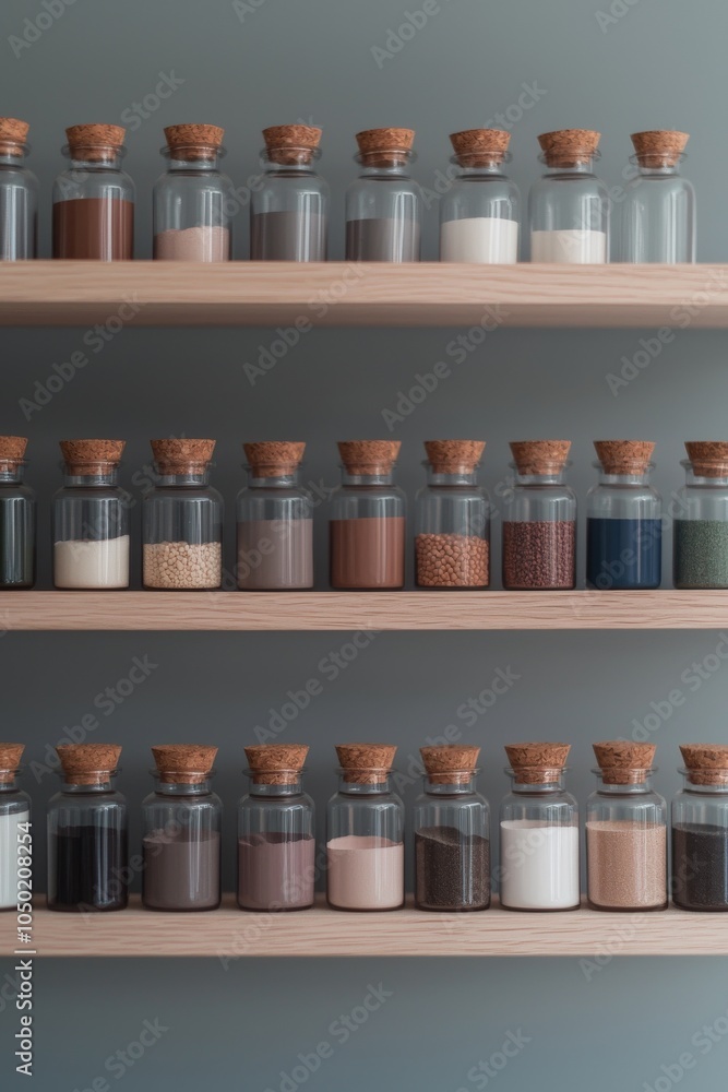 An Artistic Display Featuring a Variety of Colorful Jars Beautifully Arranged on Shelves An Artistic Display Featuring a Variety of Colorful Jars Beautifully Arranged on Shelves