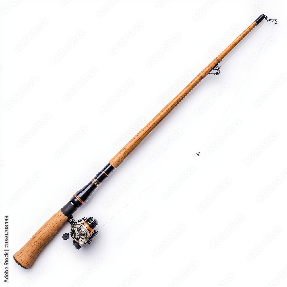A sleek fishing rod with a spinning reel, featuring a wooden handle and a clear fishing line against a white backdrop. A sleek fishing rod with a spinning reel, featuring a wooden handle and a clear fishing line against a white backdrop.