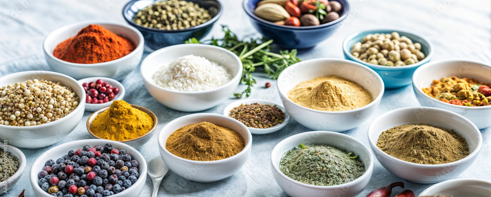 Bowls filled with a colorful array of spices and herbs are arranged on a table, highlighting their unique textures and vibrant hues, perfect for cooking and baking Bowls filled with a colorful array of spices and herbs are arranged on a table, highlighting their unique textures and vibrant hues, perfect for cooking and baking