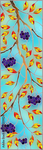 Illustration in stained glass style with a branch of mountain ash, clusters of berries and leaves against the sky, vertical image